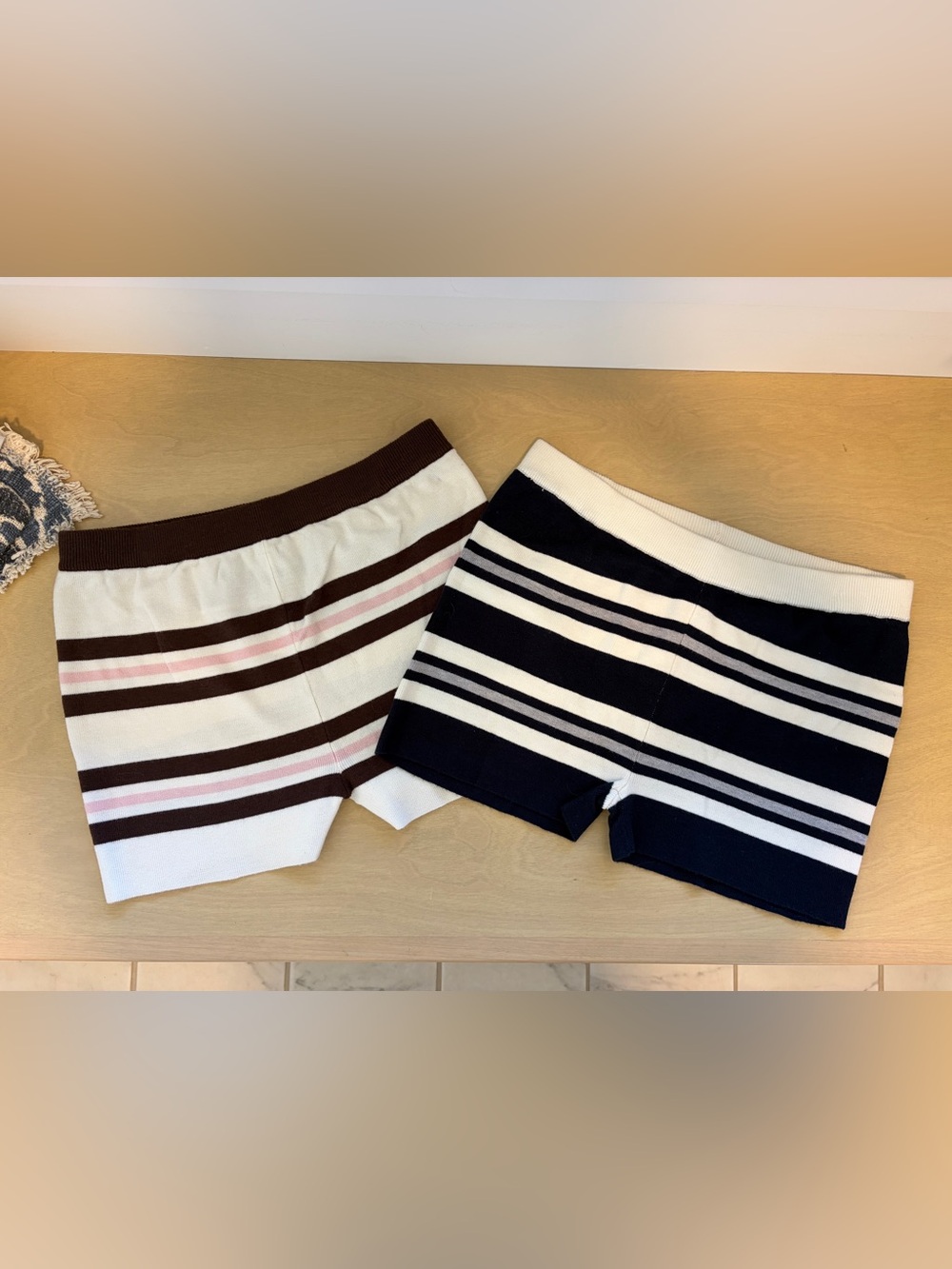 Striped Knit Lounge Shorts - Cream/Pink/Brown & Navy/Cream/Grey - Size Medium